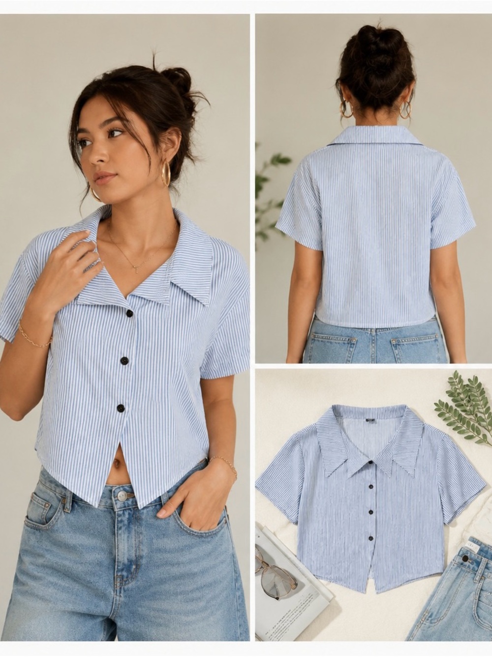 Cropped Button-Front Striped Camp Collar Top - Light Blue XL Size